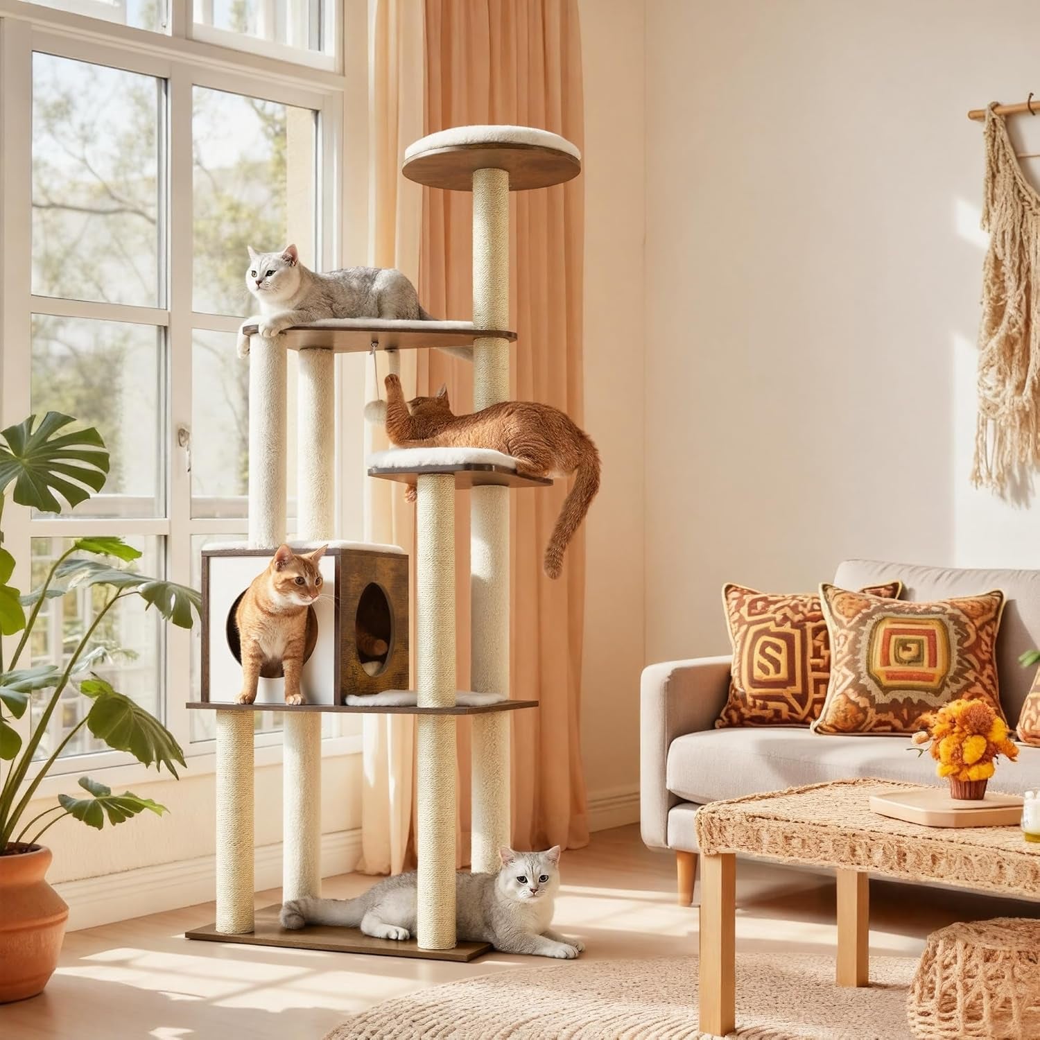 64.6-Inch Modern Cat Tower with Multi-Level Condo, 5 Scratching Posts, Perch, Washable Cushions, and Cave in Rustic Brown