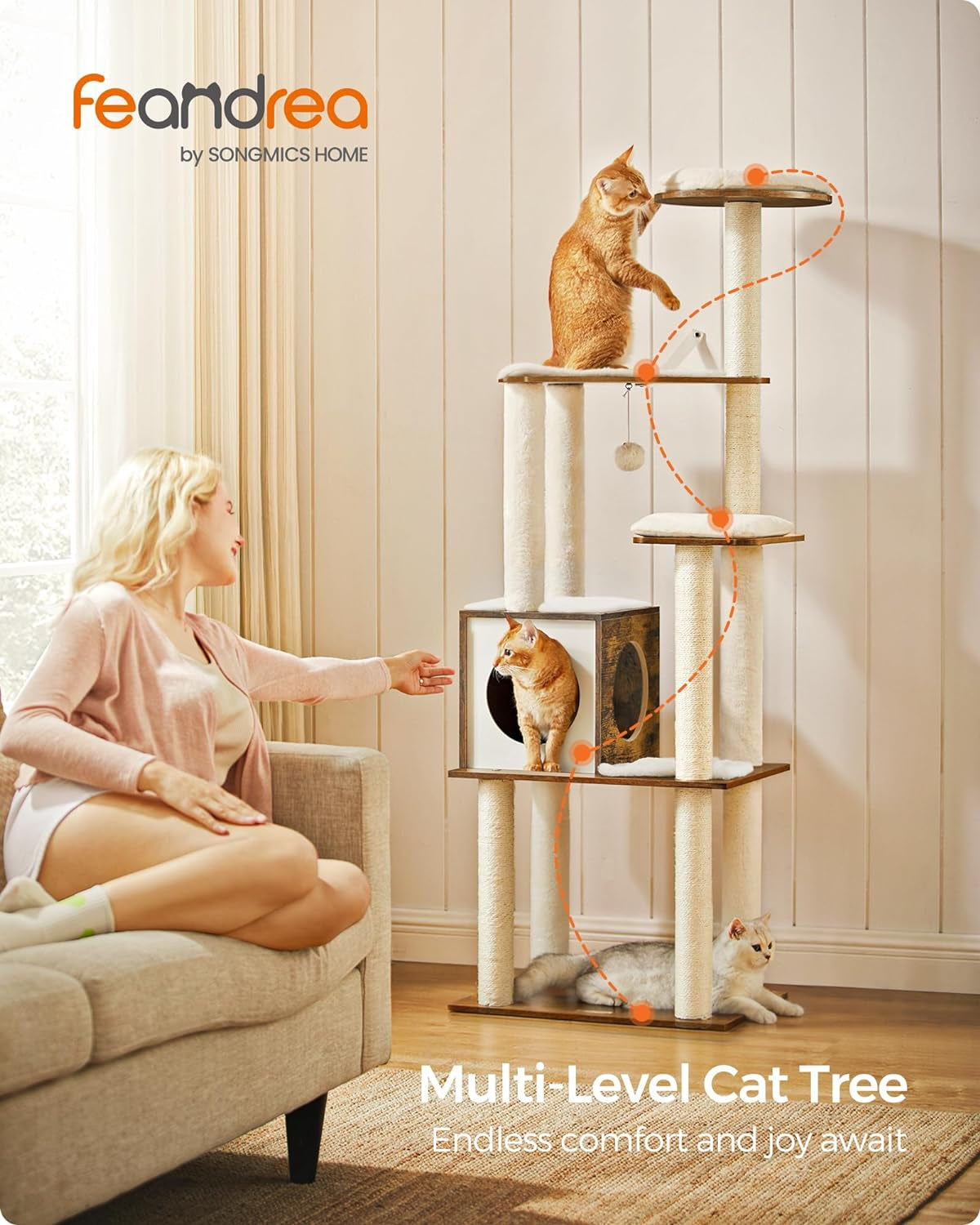 64.6-Inch Modern Cat Tower with Multi-Level Condo, 5 Scratching Posts, Perch, Washable Cushions, and Cave in Rustic Brown