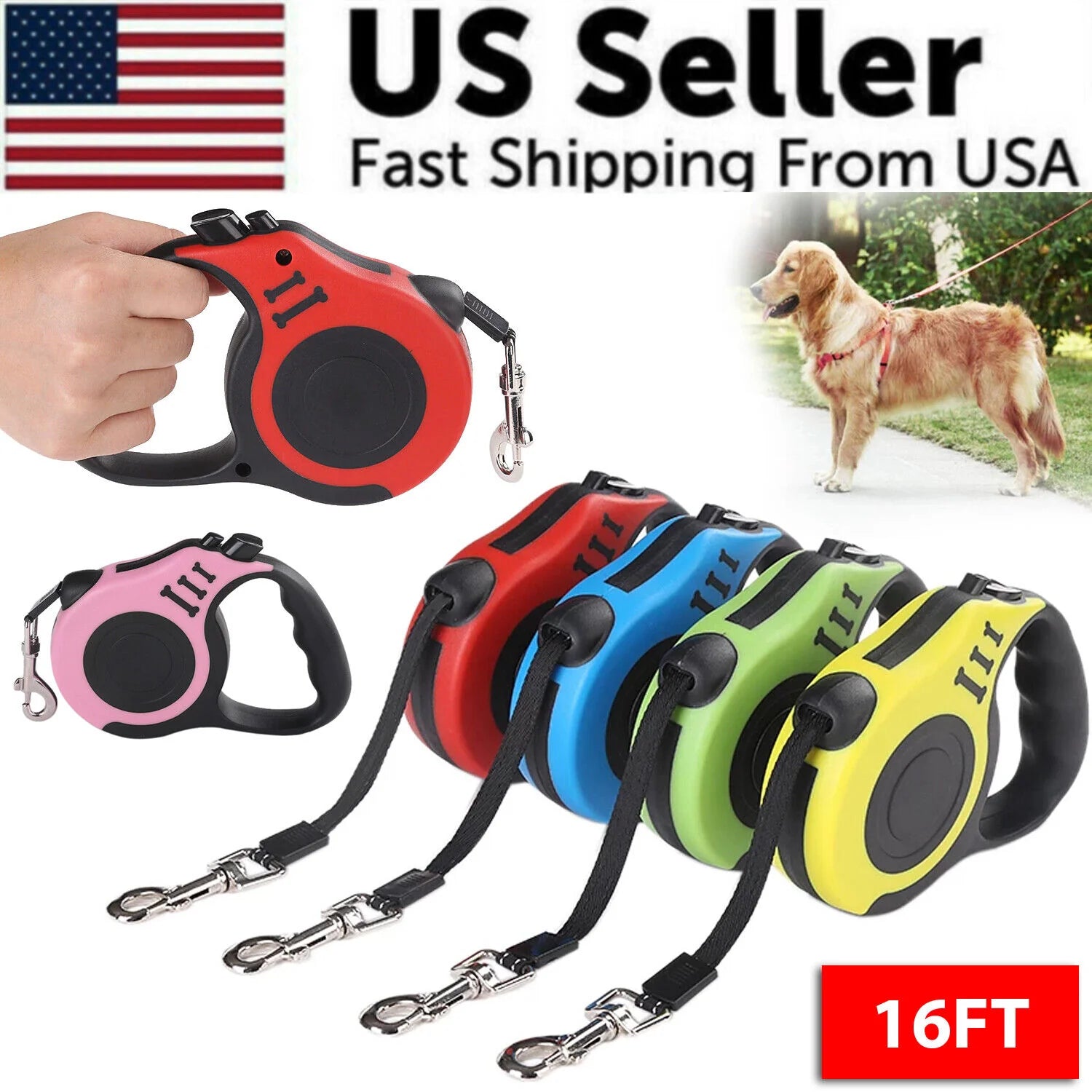16.5FT Automatic Retractable Dog Leash with Complimentary Pet Collar - Free Shipping in the U.S.