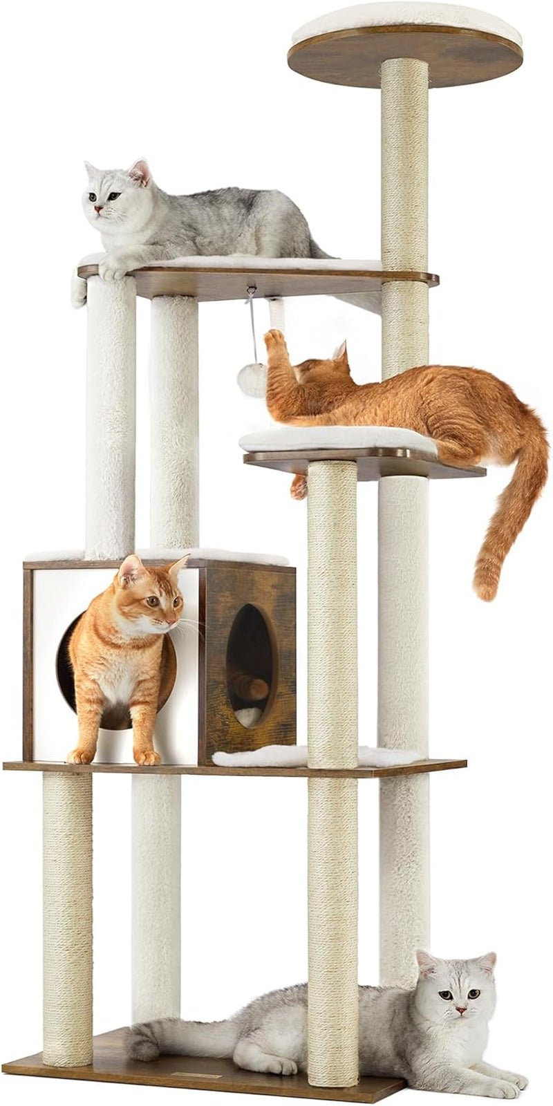 64.6-Inch Modern Cat Tower with Multi-Level Condo, 5 Scratching Posts, Perch, Washable Cushions, and Cave in Rustic Brown