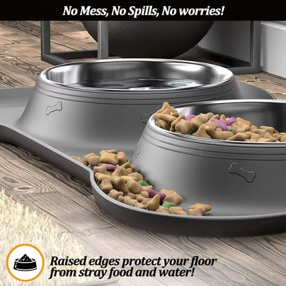 Stainless Steel Slow Feeder Dog Bowl Set with Non-Slip Silicone Mat - 2-in-1 Waterproof Food and Water Station for All Breeds