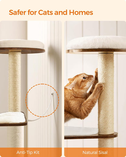 64.6-Inch Modern Cat Tower with Multi-Level Condo, 5 Scratching Posts, Perch, Washable Cushions, and Cave in Rustic Brown