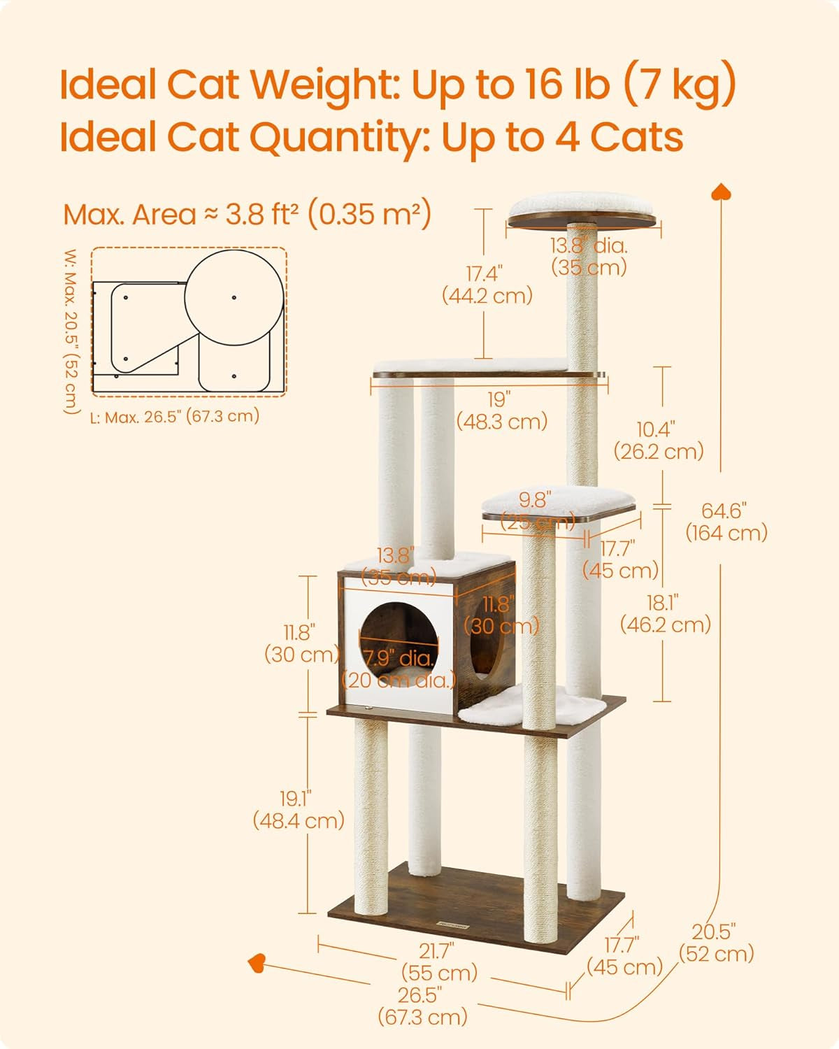64.6-Inch Modern Cat Tower with Multi-Level Condo, 5 Scratching Posts, Perch, Washable Cushions, and Cave in Rustic Brown