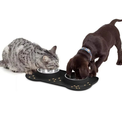 Stainless Steel Slow Feeder Dog Bowl Set with Non-Slip Silicone Mat - 2-in-1 Waterproof Food and Water Station for All Breeds
