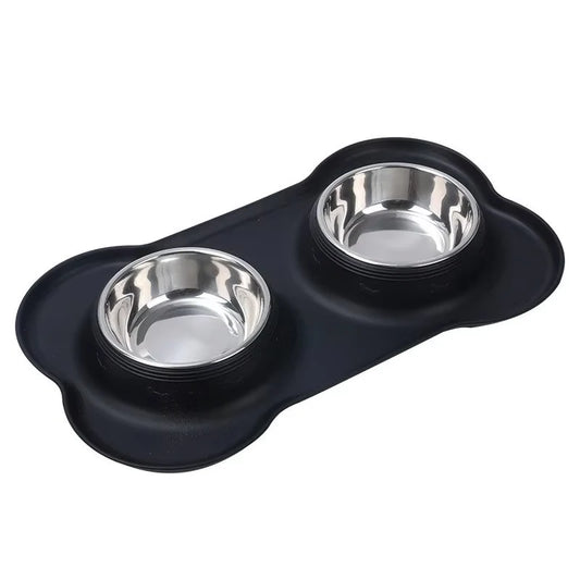 Stainless Steel Slow Feeder Dog Bowl Set with Non-Slip Silicone Mat - 2-in-1 Waterproof Food and Water Station for All Breeds