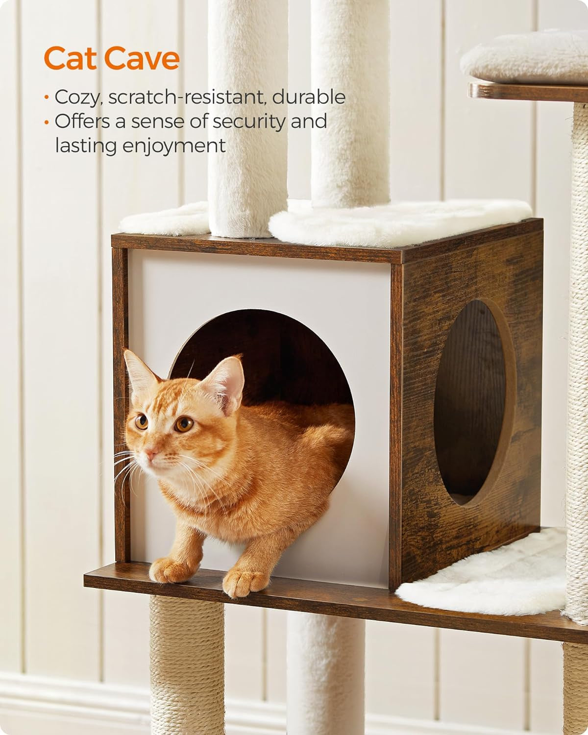 64.6-Inch Modern Cat Tower with Multi-Level Condo, 5 Scratching Posts, Perch, Washable Cushions, and Cave in Rustic Brown