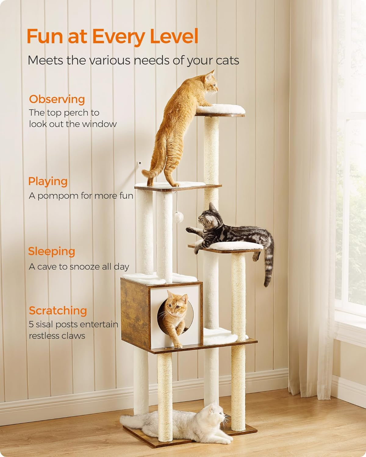 64.6-Inch Modern Cat Tower with Multi-Level Condo, 5 Scratching Posts, Perch, Washable Cushions, and Cave in Rustic Brown